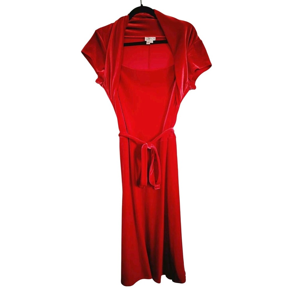 Andre Oliver L Vintage Dress Velour‎ Velvet Bright Red W/Tie Belt Stretch  NWOT